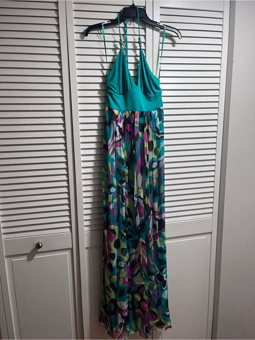 Milly Teal Halter Maxi Dress with Multicolor Abstract Print